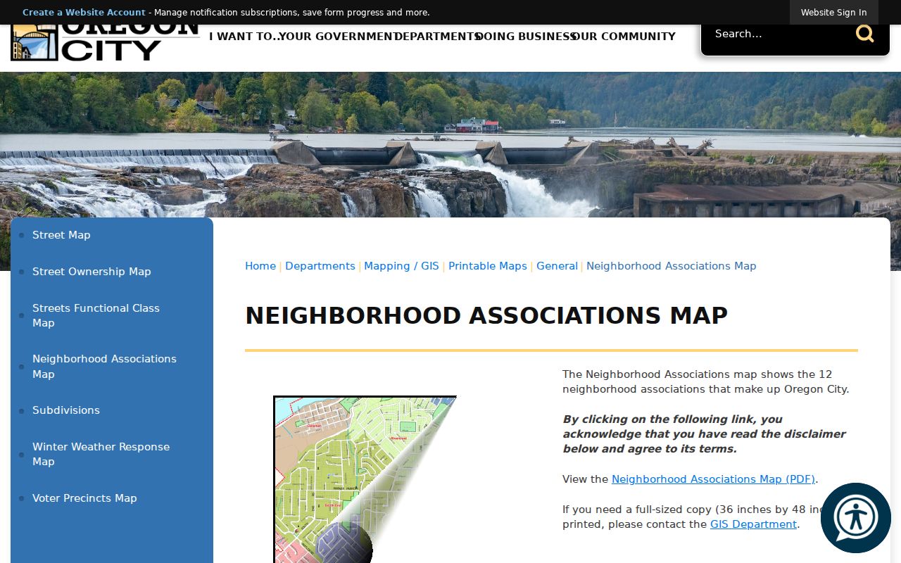 Oregon City neighbors page map of twelve neighborhood association areas