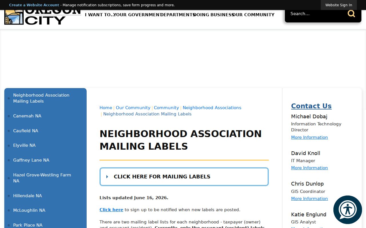 Oregon City neighbors page official occupant mailing label restrictions