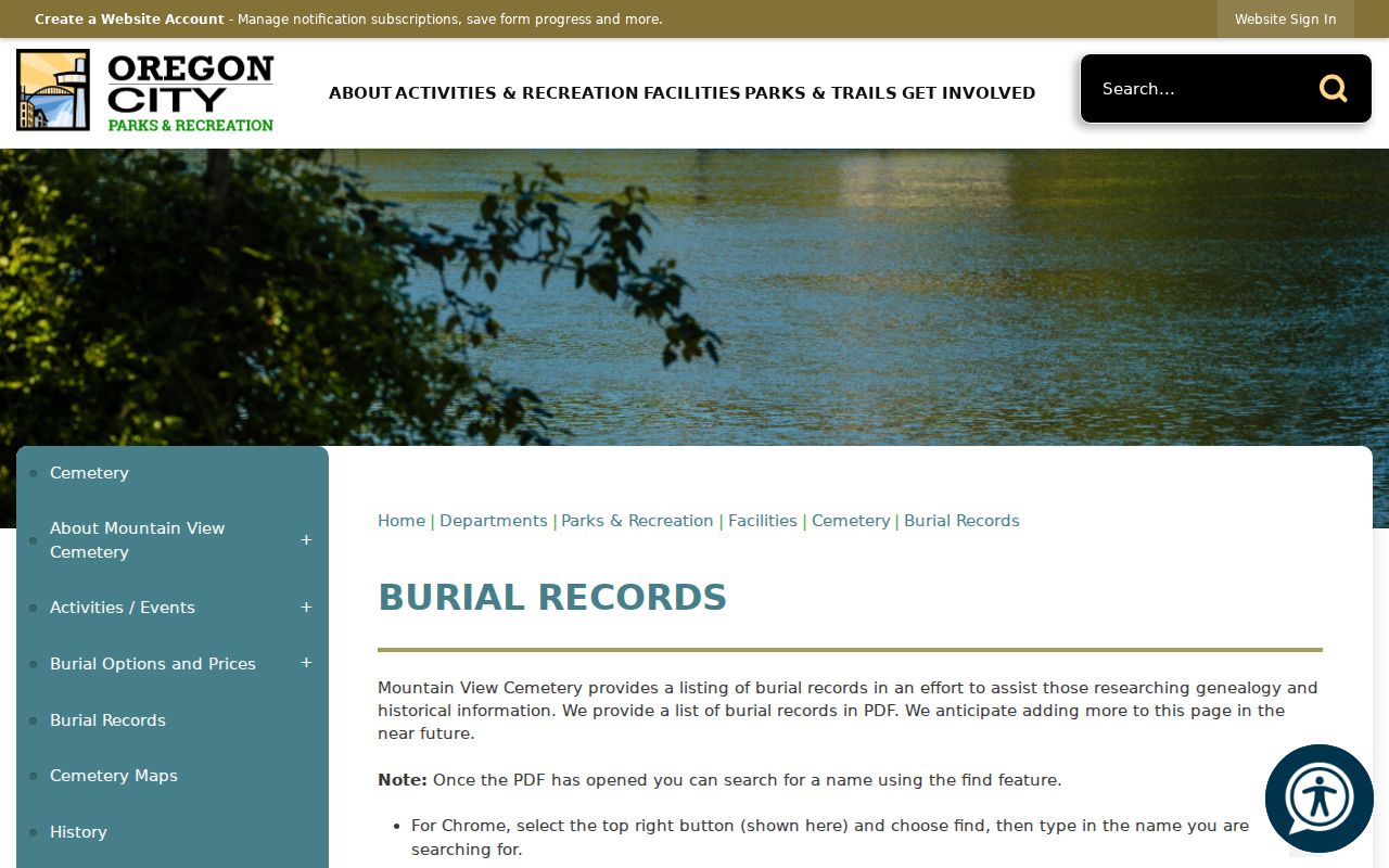 Oregon City past resident Mountain View burial records source