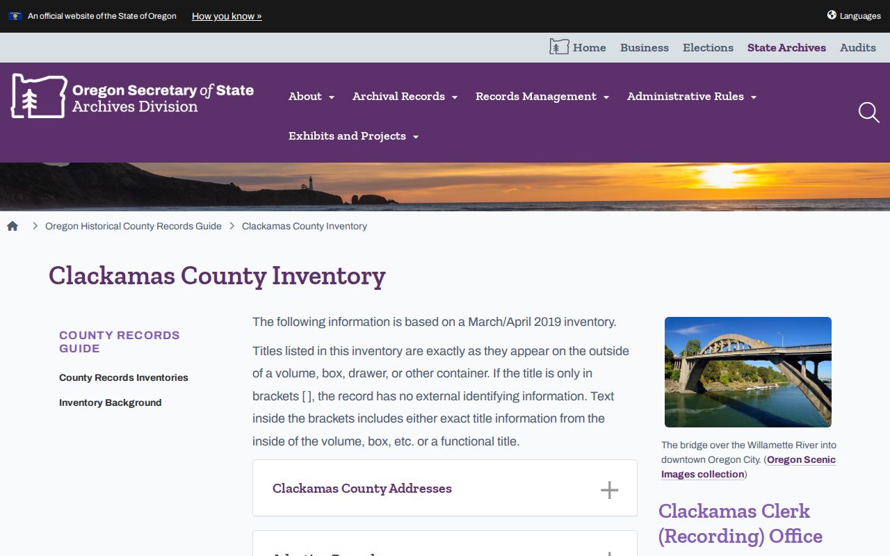 Oregon City past resident State Archives land record inventory