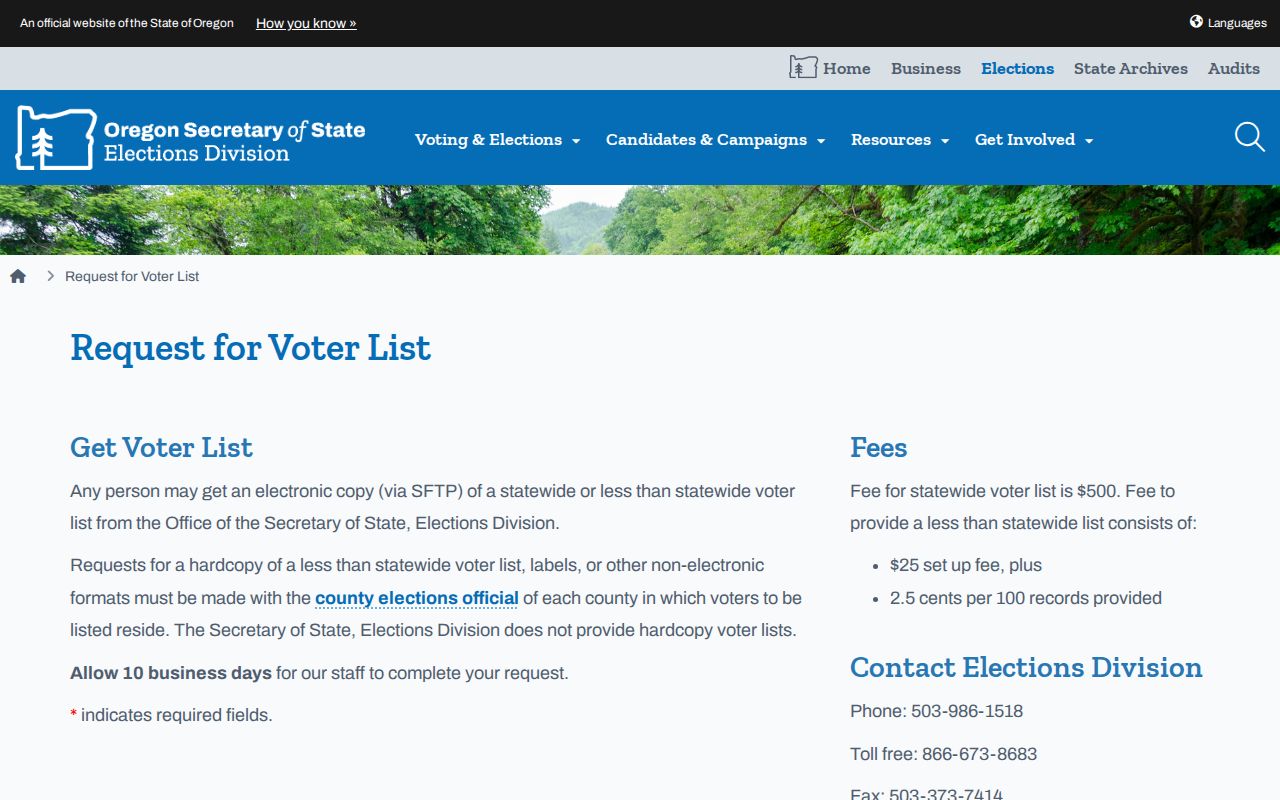 Oregon City resident lookup Oregon voter-list request procedure